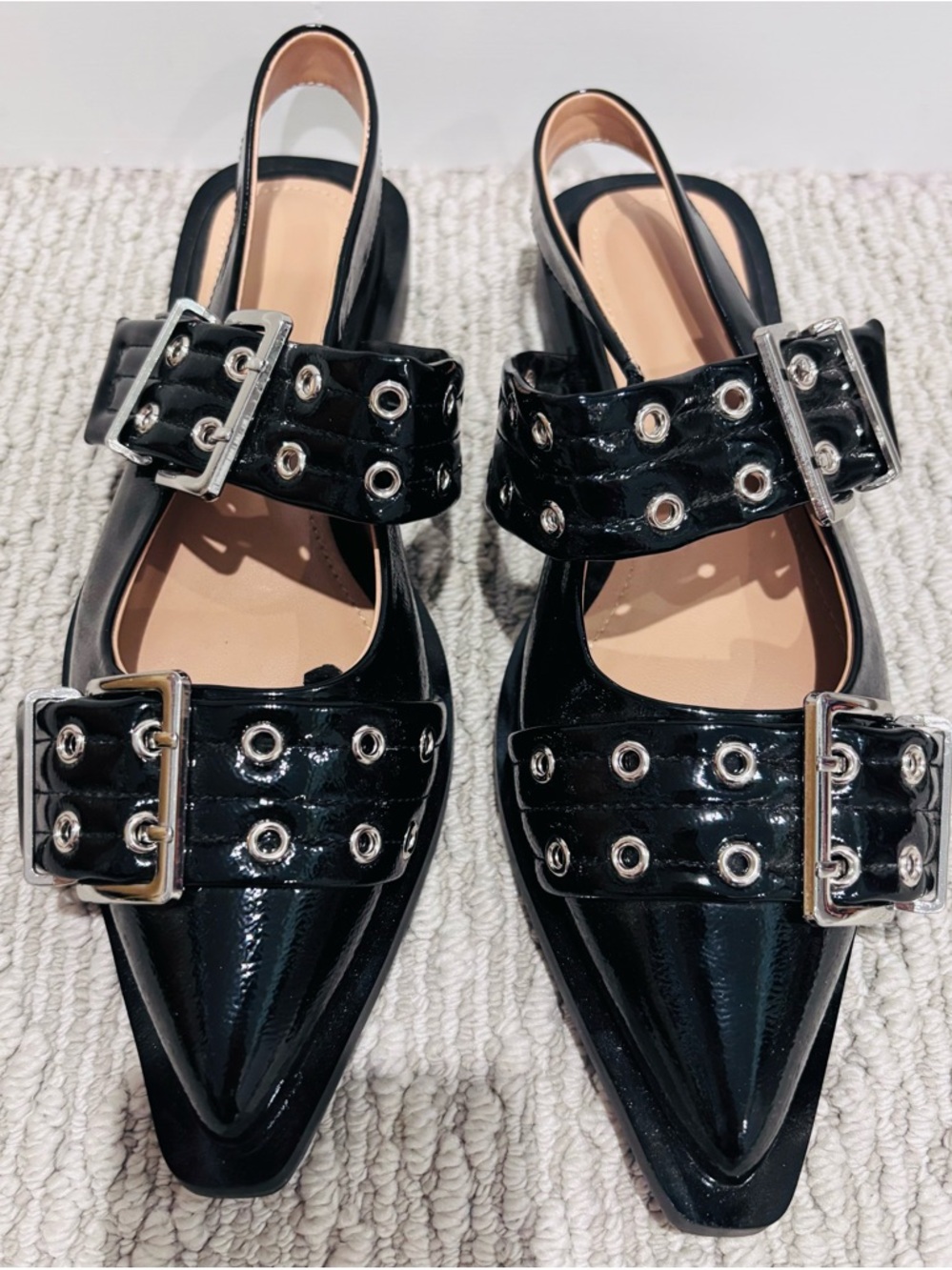 NEW Black Patent Pointed Slingback Flats with Buckles